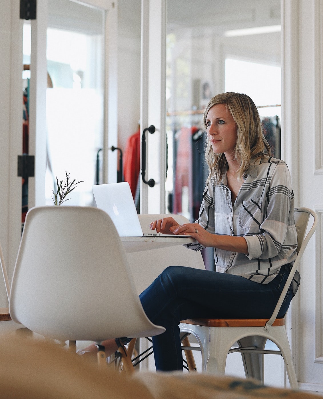 blonde woman at desk